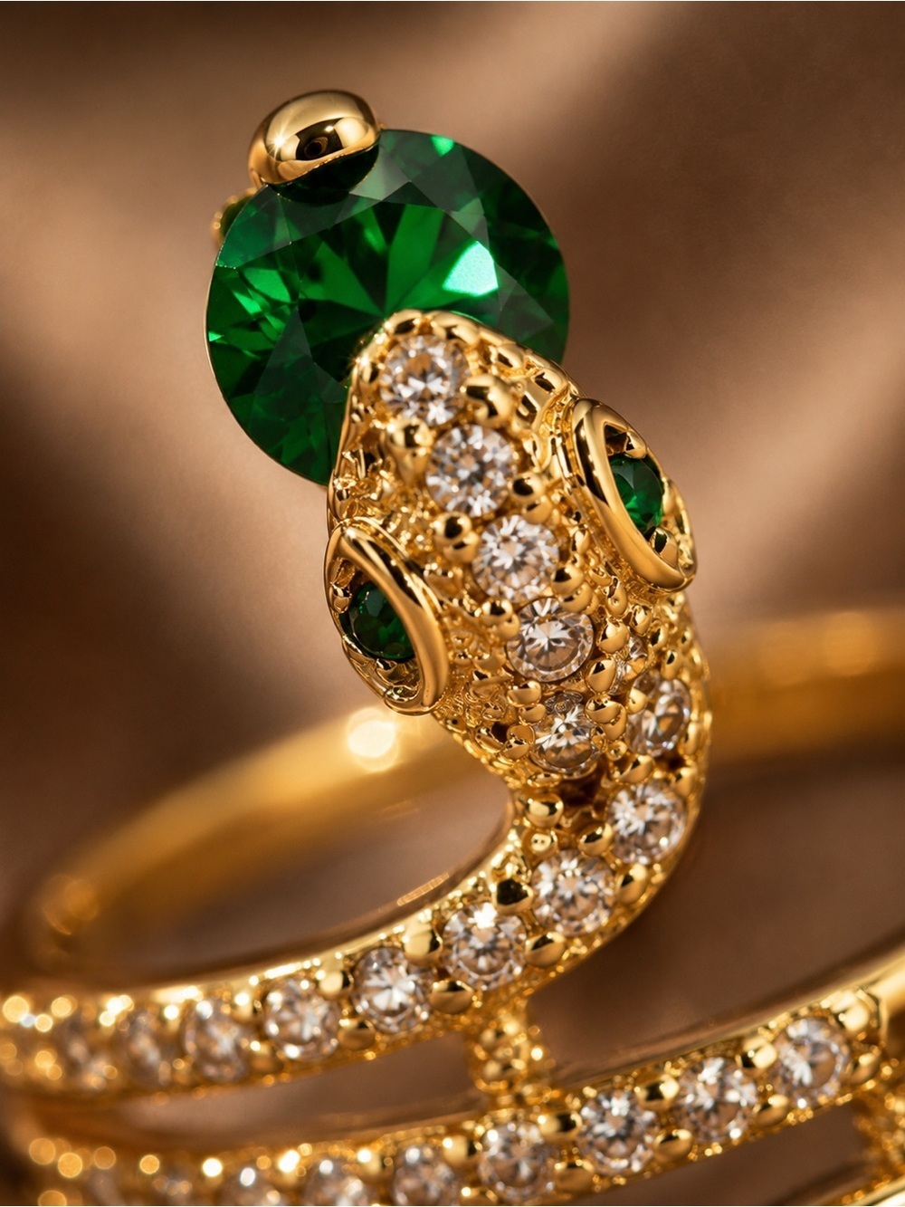 Gold Tone Snake Ring with Emerald Green Gem - Picture 6 of 8